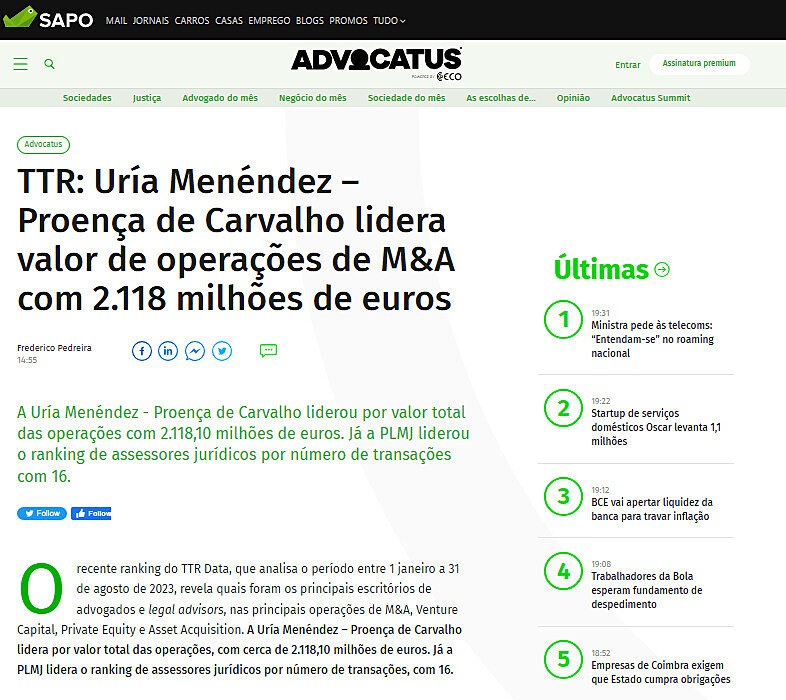 TTR: Ura Menndez  Proena de Carvalho lidera valor de operaes de M&A com 2.118 milhes de euros